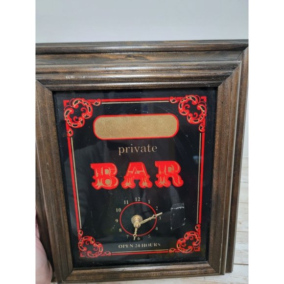 Vintage Private Bar Open 24 Hours Foil Back Wood Framed Sign No Name Clock 16" - Picture 3 of 10